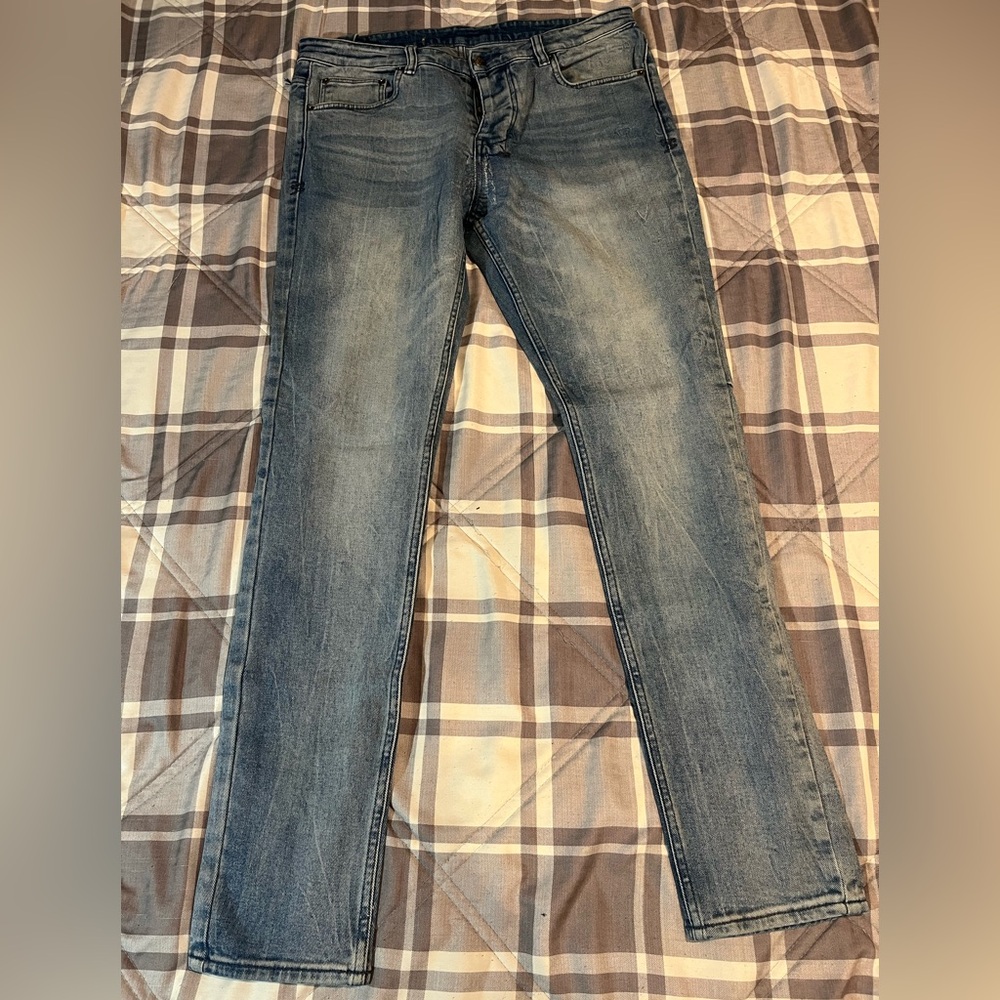 KSUBI Men's Washed Blue Letter Printing Pants Jeans size 34x30